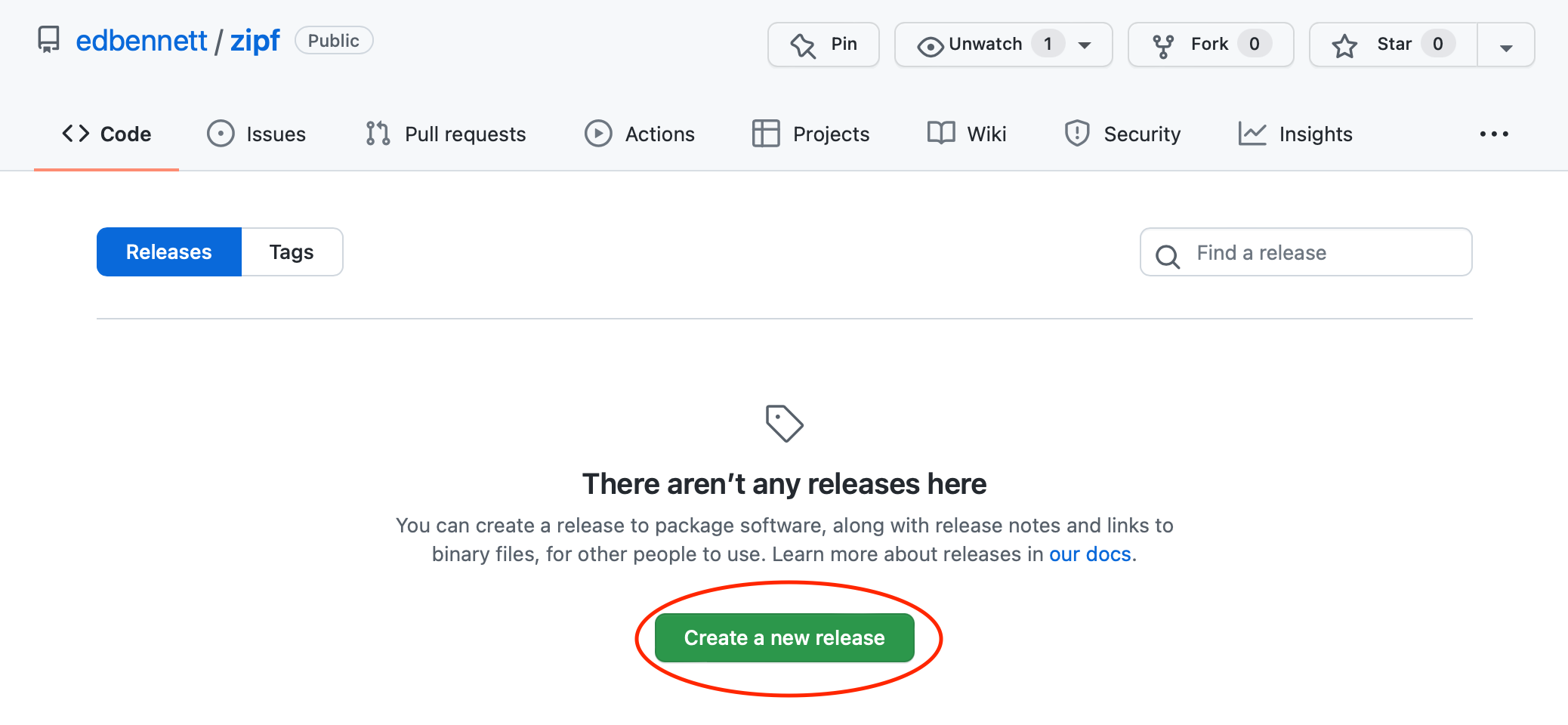 Screen shot of the Releases page for the Zipf repository on GitHub, with the "Create a new release" button circled