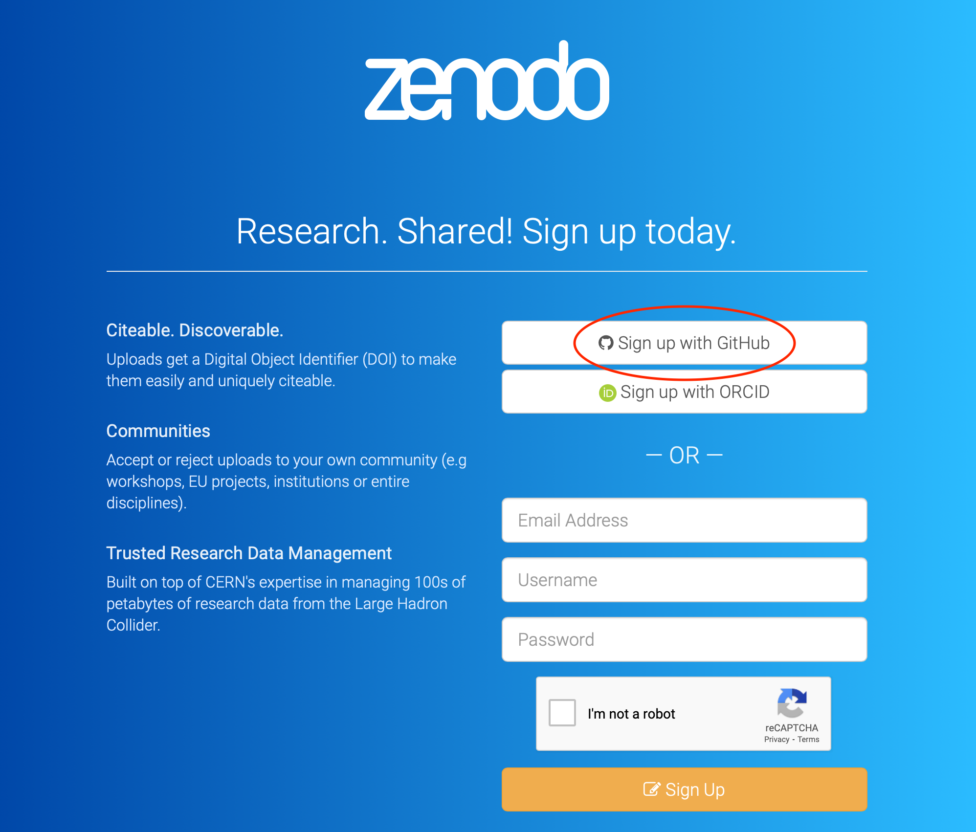 Screen shot of the Zenodo signup pagem, with the "Sign up with GitHub" button circled