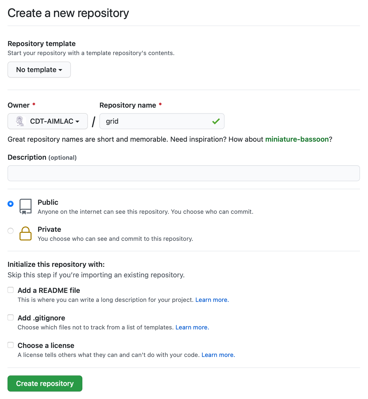 Screen shot of the GitHub Create Repository screen with these options set