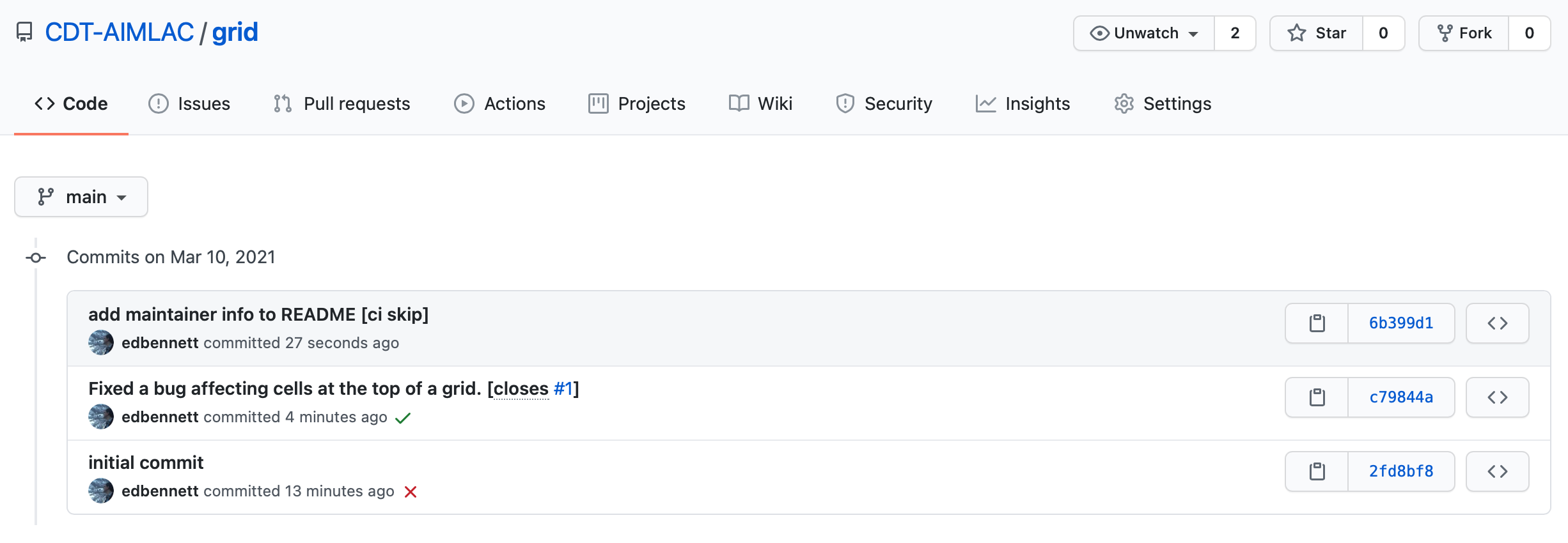 Screen shot of the commit history for the grid repository, showing the most recent commit does not have a GitHub Actions workflow run associated with it.